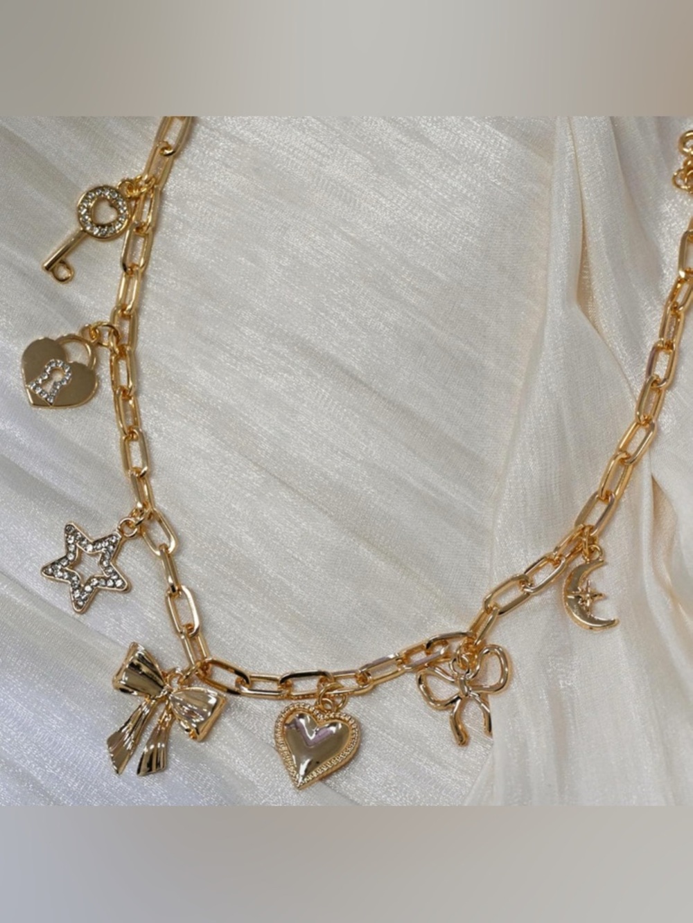 Gold Charm Bow Necklace with Heart & Star Charms - Women Jewelry
